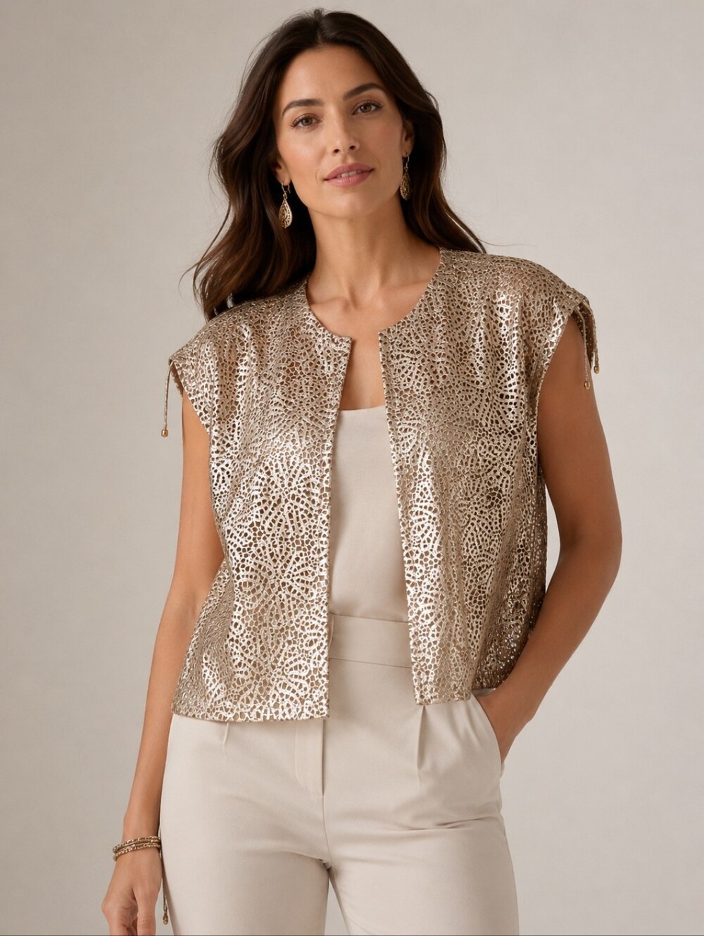 Grayse Metallic Italian Leather Laser Cut Open Front Jacket Small Gold Bronze